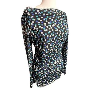 Y2K VTG Polka Dot Micro Mesh Ruched Side Long Sleeve Top Retro 2000s Boat Neck M